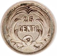 reverse of 25 Centavos (1882) coin with KM# 206 from Guatemala.