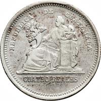 obverse of 4 Reales (1873 - 1893) coin with KM# 150 from Guatemala. Inscription: REPUBLICA DE GUATEMALA CUATRO REALES