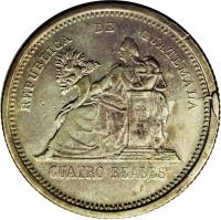 obverse of 4 Reales (1892) coin with KM# 160 from Guatemala. Inscription: REPUBLICA DE GUATEMALA CUATRO REALES