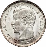 obverse of 4 Reales (1863 - 1865) coin with KM# 140 from Guatemala. Inscription: RAFAEL CARRERA PTE DE LA Ra DE GUATEMALA