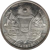 reverse of 4 Reales (1863 - 1865) coin with KM# 140 from Guatemala. Inscription: L.10D.20G. CUATRO Rs. 1865 R.