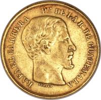 obverse of 16 Pesos (1865) coin with KM# 185 from Guatemala.