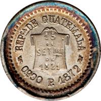 obverse of 1/2 Real (1872 - 1873) coin with KM# 147 from Guatemala. Inscription: REPCA DE GUATEMALA 15 DE STBRE DE 1821 0.900 P. 1872