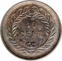 reverse of 10 Centavos (1881) coin with KM# 204 from Guatemala.