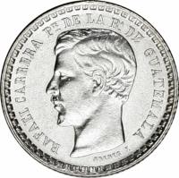 obverse of 1/2 Real (1862 - 1865) coin with KM# 138 from Guatemala. Inscription: RAFAEL CARRERA P.te DE LA R.A DE GUATEMALA