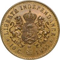 reverse of 10 Centimes - Faustin I (1855) coin with KM# Pn69 from Haiti. Inscription: LIBERTE' INDEPENDANCE *10 C. 1855*