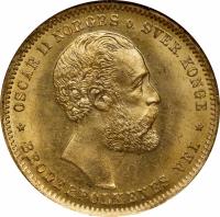 obverse of 20 Kroner - Oscar II (1876 - 1902) coin with KM# 355 from Norway. Inscription: OSCAR II NORGES o. SVER. KONGE BRODERFOLKENES VEL