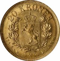 reverse of 20 Kroner - Oscar II (1876 - 1902) coin with KM# 355 from Norway. Inscription: 20 KRONER 124 Stk . 19 02 1Kil.f.G.