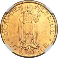 reverse of 20 Kroner - Oscar II (1910) coin with KM# 376 from Norway. Inscription: OL · AV · DEN HEILIGE · 20 KRONER ·