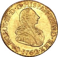 obverse of 8 Escudos - Carlos III - Colonial Milled Coinage (1761 - 1762) coin with KM# 68 from Peru.