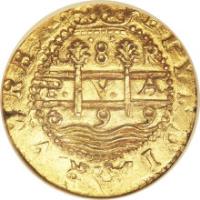 reverse of 8 Escudos - Carlos II (1696 - 1701) coin with KM# 26 from Peru. Inscription: P V A