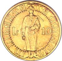 reverse of 10 Lire (1925) coin with KM# 7 from San Marino. Inscription: L 10