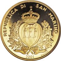 obverse of 5 Scudi - World Bank Membership (2001) coin with KM# 439 from San Marino. Inscription: REPUBBLICA DI SAN MARINO 2001