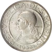 obverse of 5 Lire (1935) coin with KM# Pr10 from San Marino.