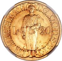 reverse of 20 Lire (1925) coin with KM# 8 from San Marino. Inscription: L 20