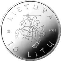 obverse of 10 Litų - Lithuanian Culture - Theatre (2011) coin with KM# 175 from Lithuania. Inscription: LIETUVA 2011 10 LITŲ