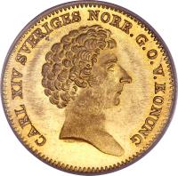 obverse of 1 Ducat - Carl XIV Johan (1835 - 1843) coin with KM# 628a from Sweden. Inscription: CARL XIV SVERIGES NORR.G.O.V.KONUNG