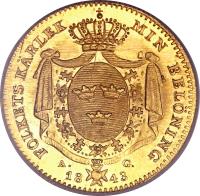 reverse of 1 Ducat - Carl XIV Johan (1835 - 1843) coin with KM# 628a from Sweden. Inscription: FOLKETS KÄRLEK MIN BELÖNING A. G. 18 43