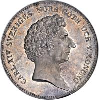 obverse of 1 Riksdaler - Carl XIV Johan (1827 - 1829) coin with KM# 614 from Sweden.