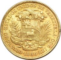 reverse of 100 Bolivares (1886 - 1889) coin with Y# 34 from Venezuela.