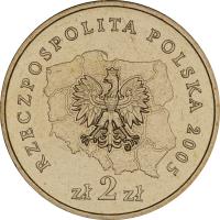 obverse of 2 Złote - Warmińsko-mazurskie voivodship (2005) coin with Y# 614 from Poland. Inscription: RZECZPOSPOLITA POLSKA 2005 zł 2 zł