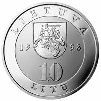 obverse of 10 Litų - Lithuanian Cities - Vilnius (1998) coin with KM# 115 from Lithuania. Inscription: LIETUVA 1998 10 LITŲ