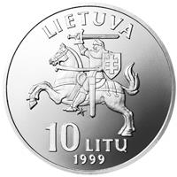 obverse of 10 Litų - Lithuanian Cities - Kaunas (1999) coin with KM# 116 from Lithuania. Inscription: LIETUVA 10 LITŲ 1999