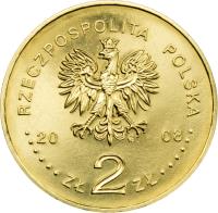 obverse of 2 Złote - 400th Anniversary of Polish Settlement in North America (2008) coin with Y# 659 from Poland. Inscription: RZECZPOSPOLITA POLSKA 2008 ZŁ 2 ZŁ