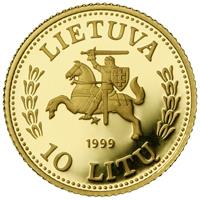 obverse of 10 Litų - The Smallest Gold Coins of the World. History of Gold (1999) coin with KM# 120 from Lithuania. Inscription: LIETUVA 1999 10 LITŲ