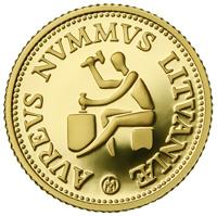 reverse of 10 Litų - The Smallest Gold Coins of the World. History of Gold (1999) coin with KM# 120 from Lithuania. Inscription: AVREVS NVMMVS LITVANIAE