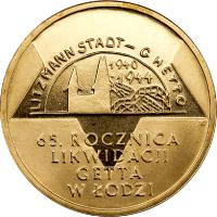 reverse of 2 Złote - 65th Anniversary of the Liquidation of the Lodz Ghetto (2009) coin with Y# 692 from Poland. Inscription: LITZMANN STADT - GHETTO 1940 1944 65. ROCZNICA LIKWIDACII GETTA W ŁODZI