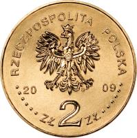 obverse of 2 Złote - 25th Anniversary of the Death of Father Jerzy Popiełuszko (2009) coin with Y# 700 from Poland. Inscription: RZECZPOSPOLITA POLSKA 2009 ZŁ 2 ZŁ