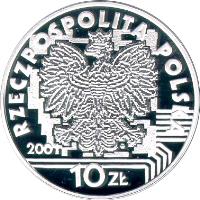 obverse of 10 Złotych - Year 2001 (2001) coin with Y# 406 from Poland. Inscription: RZECZPOSPOLITA POLSKA 2001 10ZŁ