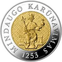 reverse of 200 Litų - 750th Anniversary of the crowning of Mindaugas (2003) coin with KM# 136 from Lithuania. Inscription: MINDAUGO KARŪNAVIMAS 1253