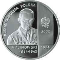 obverse of 10 Złotych - Polish Travellers and Explorers: Bronisław Malinowski (1884-1942) (2002) coin with Y# 432 from Poland. Inscription: RZECZPOSPOLITA POLSKA 2002 BRONISŁAW MALINOWSKI 10 ZŁ 1884-1942