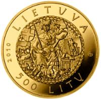 obverse of 500 Litų - 600th Anniversary of the Battle of Grunwald (2010) coin with KM# 173 from Lithuania. Inscription: LIETUVA 2010 500 LITŲ