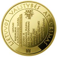 reverse of 100 Litų - Millennium of the mention of the name of Lithuania (2009) coin with KM# 166 from Lithuania. Inscription: LIETUVOS VALSTYBĖS ATKŪRIMAS