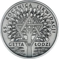 reverse of 20 Złotych - 65th Anniversary of the Liquidation of the Lodz Ghetto (2009) coin with Y# 693 from Poland.