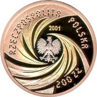 obverse of 200 Złotych - Year 2001 (2001) coin with Y# 407 from Poland. Inscription: RZECZPOSPOLITA POLSKA 200 Zł