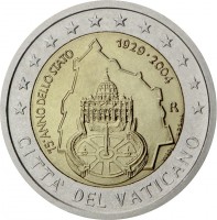 obverse of 2 Euro - John Paul II - 75th anniversary of the founding of the Vatican City State (2004) coin with KM# 358 from Vatican City. Inscription: 75 o ANNO DELLO STATO 1929-2004 VEROI L.D.S. INC CITTA' DEL VATICANO