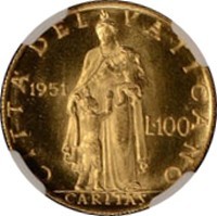 reverse of 100 Lire - Pius XII (1951 - 1956) coin with KM# 53 from Vatican City. Inscription: CITTA DEL VATICANO 1951 L · 100 CARITAS