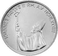 obverse of 1000 Lire - John Paul II - Prayer (1983) coin with KM# 176 from Vatican City. Inscription: CITTA' DEL VATICANO L. 1000 R