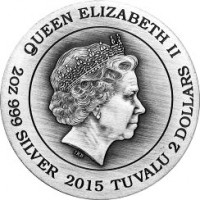 obverse of 2 Dollars - Elizabeth II - Goddesses of Olympus: Aphrodite (2015) coin with KM# 268 from Tuvalu. Inscription: QUEEN ELIZABETH II 2OZ 999 SILVER 2015 TUVALU 2 DOLLARS