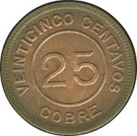 reverse of 25 Centavos - Provisional Coinage (1915) coin with KM# 231 from Guatemala. Inscription: VEINTICINCO CENTAVOS 25 COBRE