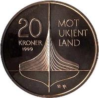 reverse of 20 Kroner - Harald V - 1000th Anniversary of Leif Ericson in Northamerica (1999) coin with KM# 465 from Norway. Inscription: 20 KRONER MOT UKJENT LAND 1999 JEJ