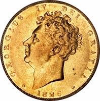 obverse of 1 Sovereign - George IV (1825 - 1830) coin with KM# 696 from United Kingdom. Inscription: · GEORGIUS IV DEI GRATIA · 1826