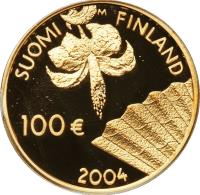 obverse of 100 Euro - 150th Anniversary of Albert Edelfelt (2004) coin with KM# 117 from Finland. Inscription: SUOMI M FINLAND 100 € 2004