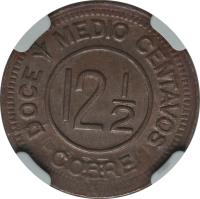 reverse of 12 1/2 Centavos - Provisional Coinage (1915) coin with KM# 230 from Guatemala. Inscription: DOCE Y MEDIO CENTAVOS 121/2 COBRE