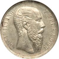 obverse of 50 Centavos - Maximiliano I (1866) coin with KM# 387 from Mexico. Inscription: MAXIMILIANO EMPERADOR