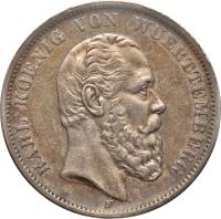 obverse of 5 Mark - Karl I (1874 - 1888) coin with KM# 623 from German States. Inscription: Karl Koenig von Wuerttemberg